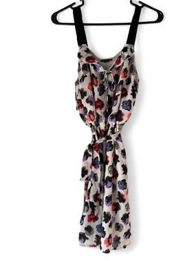 Floral Tie-Waist Sleeveless Midi Dress in Cream with Red & Purple Flowers